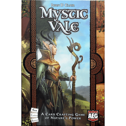 Mystic Vale by Alderac Entertainment Group is a card game featuring a woman with a staff and the innovative Card Crafting System.
