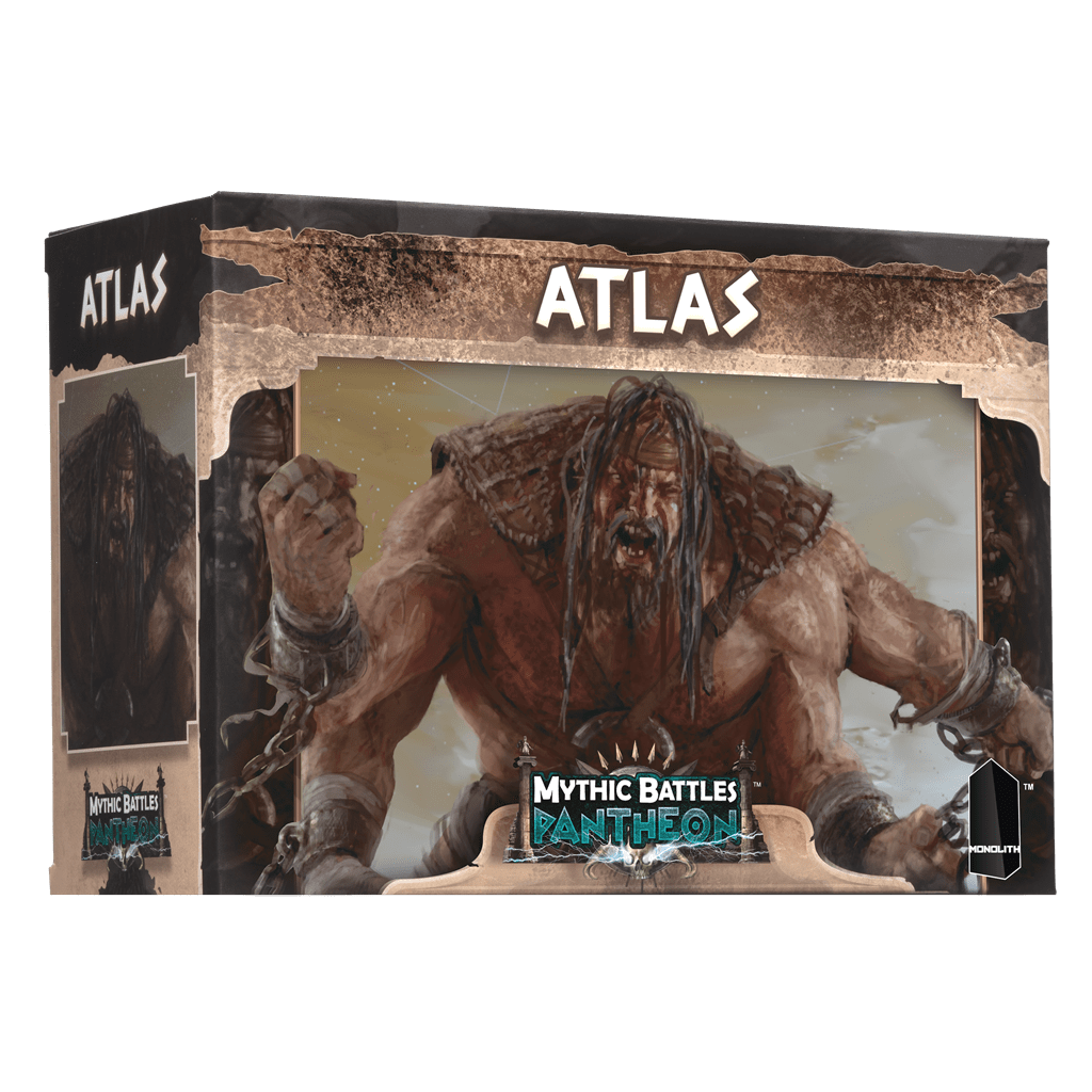 The Mythic Battles: Pantheon Atlas Expansion by Monolith includes the exclusive Atlas character—a powerful, dreadlocked giant with a fierce expression—labeled “Atlas” and marked as a Kickstarter exclusive on the box.