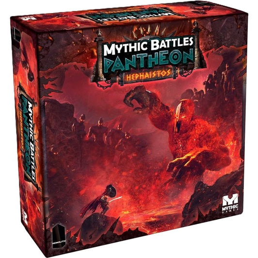 The image displays the box for Mythic Battles: Pantheon Hephaistos Expansion by Monolith, featuring cover art of a molten giant rising from lava to confront a lone warrior in a dramatic volcanic scene.