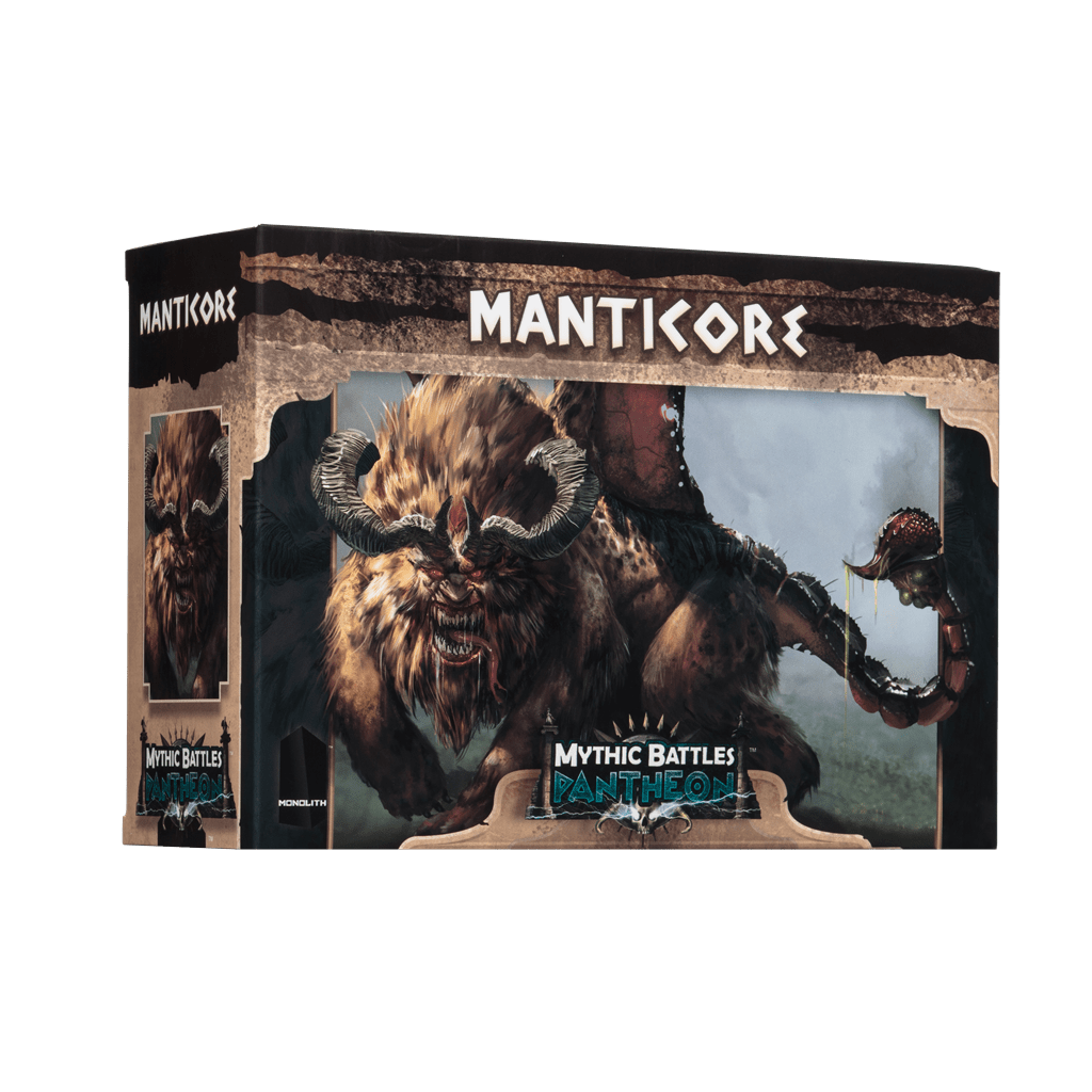 The Monolith Mythic Battles: Pantheon Manticore Expansion features striking cover art of a snarling, horned manticore with fangs, wings, and a spiked tail—ideal for fans of epic miniature battles.
