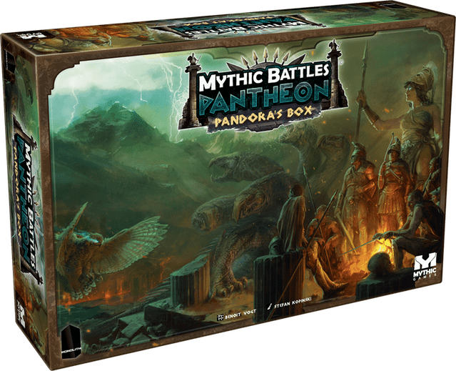 The Mythic Battles: Pantheon Bundle from Monolith comes in a box with ancient Greek mythology-themed art featuring warriors, mythical creatures, dramatic lighting, and the game’s logo prominently displayed.