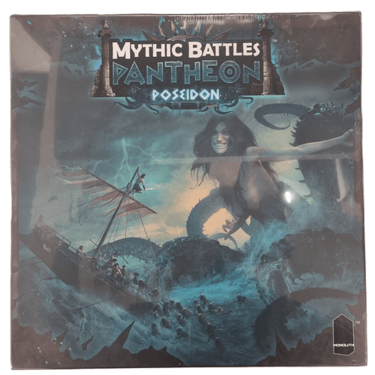 The box of Monolith’s Mythic Battles: Pantheon Poseidon Expansion depicts a colossal woman emerging from stormy blue seas amid ships and sea monsters, creating an epic mythological feel.