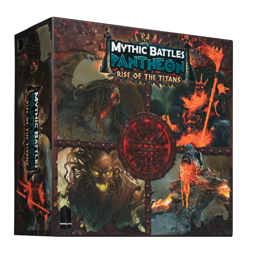 The Mythic Battles: Pantheon Rise of the Titans Expansion by Monolith features striking artwork of giant mythological creatures in battle, capturing the epic Titanomachy, with the game title boldly displayed on the box front.