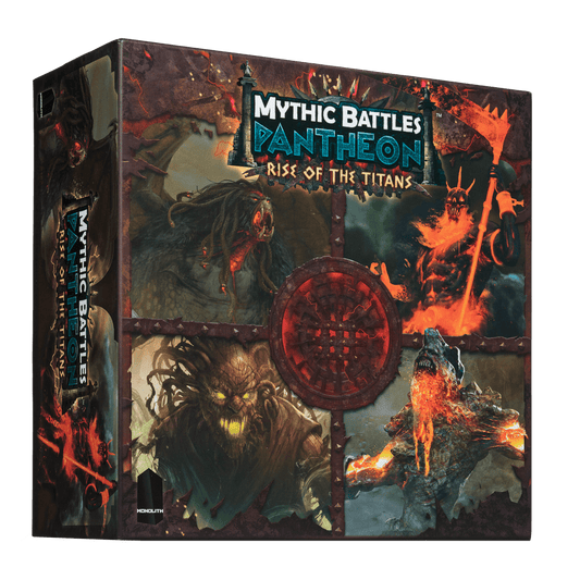 The Mythic Battles: Pantheon Rise of the Titans Expansion by Monolith features striking artwork of giant mythological creatures in battle, capturing the epic Titanomachy, with the game title boldly displayed on the box front.