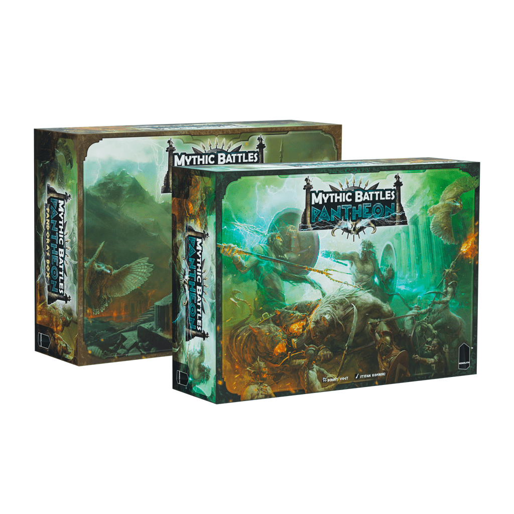 Two boxes for Monolith's Mythic Battles: Pantheon (All Stretch Goals included), featuring epic Greek mythology-inspired artwork of warriors and titans battling before Mount Olympus, all set against a clean white background.
