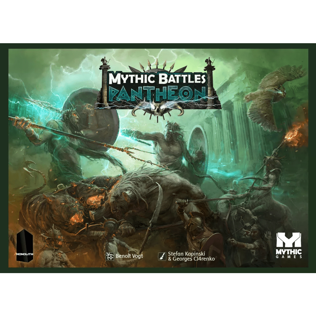 Box cover for Mythic Battles: Pantheon (All Stretch Goals included) by Monolith, showcasing dramatic fantasy art of Greek gods, Titans, and mythical beasts in battle, with the game's title displayed at the top.
