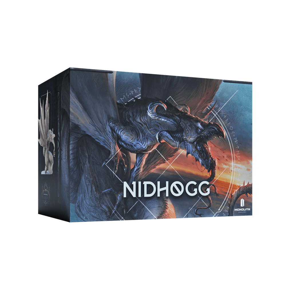 Monolith’s Mythic Battles: Ragnarök Nidhogg Expansion game box showcases a fierce black dragon with sharp teeth and glowing eyes against a stormy sky, and boldly features “NIDHOGG,” teasing the Titan-size miniature inside.