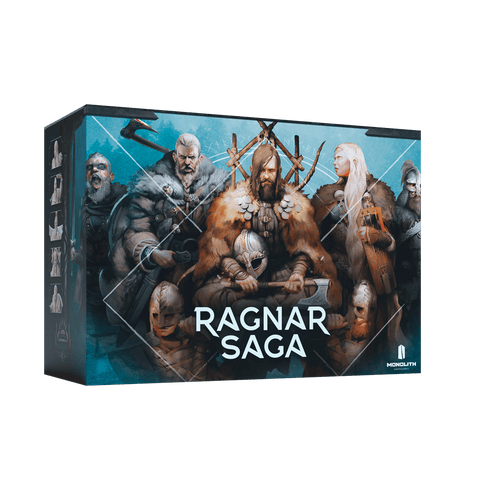 A game box for Mythic Battles: Ragnarök Bundle by Monolith, featuring illustrated Viking warriors in armor and furs with serious expressions, standing together against a blue-toned background.