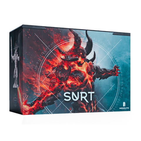 The Mythic Battles: Ragnarök Bundle by Monolith features box art of Surt—fiery, horned, and surrounded by flames and runes—with his name and the game’s logo displayed, reflecting this Norse divinity’s importance in the board game.
