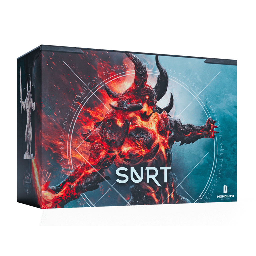 The Mythic Battles: Ragnarök Surt Expansion by Monolith features a game box with a fiery, horned demon adorned with glowing red cracks, the name SURT in bold, Norse runes, and the Monolith logo—a must-have for fans.