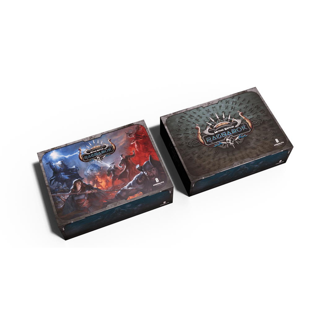 The Mythic Battles: Ragnarök Bundle by Monolith features two God of War Ragnarök-themed PlayStation 5 console boxes with striking character art and a textured logo, all inspired by Norse mythology, shown on a white background.