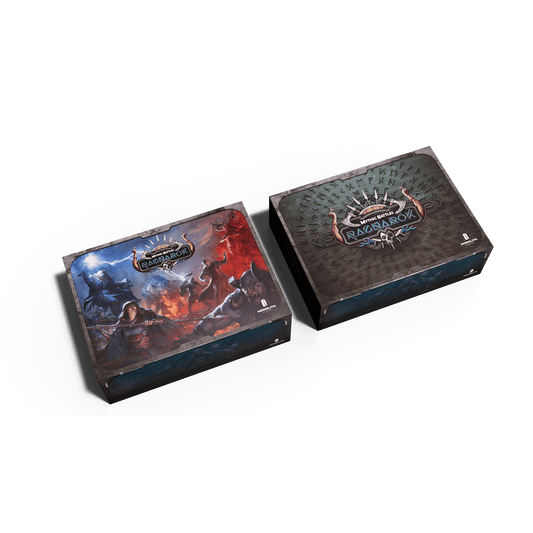 The Mythic Battles: Ragnarök Bundle by Monolith features two God of War Ragnarök-themed PlayStation 5 console boxes with striking character art and a textured logo, all inspired by Norse mythology, shown on a white background.
