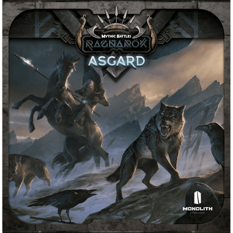A dramatic fantasy scene of a Norse warrior on horseback with a spear, wolves, ravens, and mountains evokes the epic clash of gods in the Monolith Mythic Battles: Ragnarök Bundle board game.