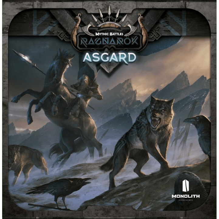 Illustration of Norse warriors on horseback, large wolves snarling in front, and two ravens. The title Mythic Battles: Ragnarök Asgard Expansion is at the top, with Monolith branding at the bottom right.