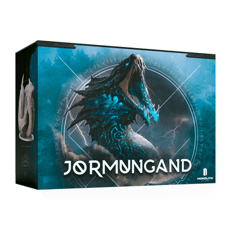 The Mythic Battles: Ragnarök Bundle by Monolith features a box with striking art of a fierce, blue-scaled serpent-dragon amid stormy runes—ideal for fans of Norse mythology and the Mythic Battles series.