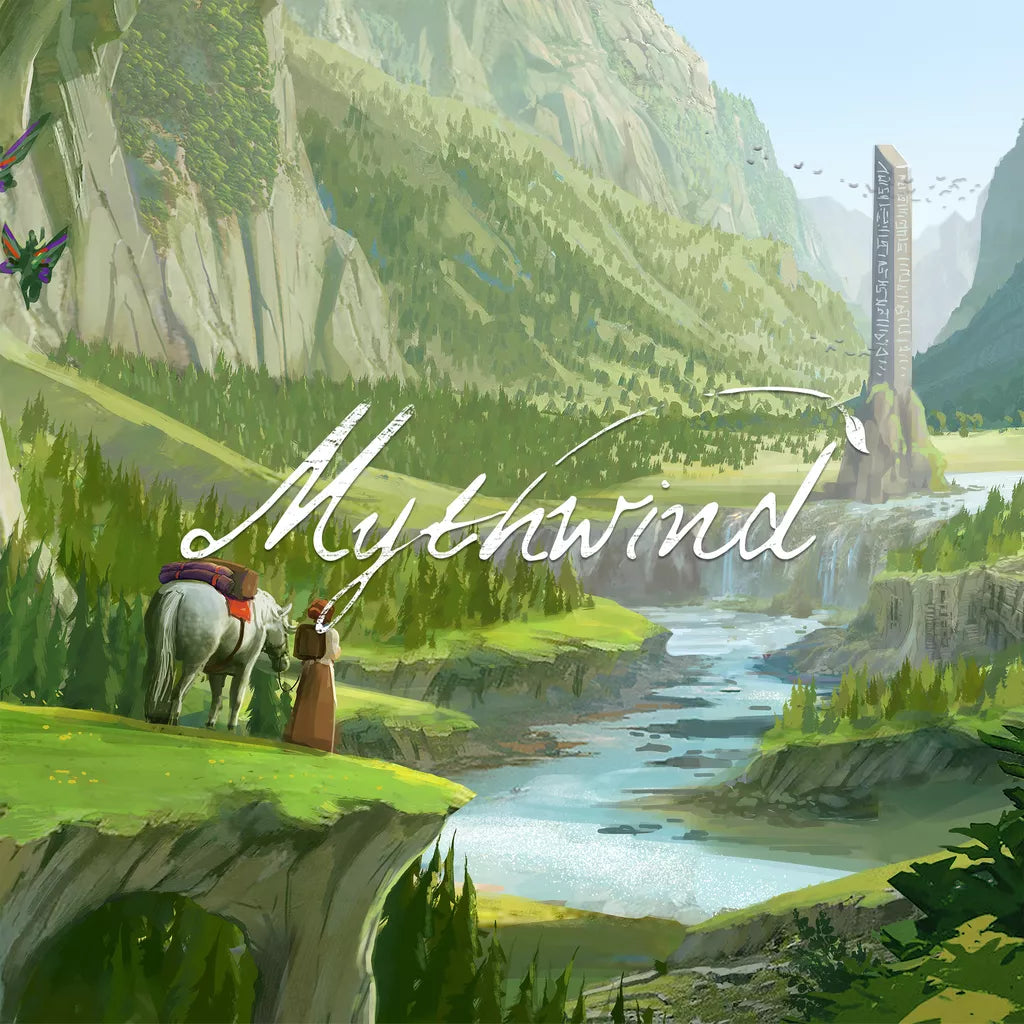 A woman and a horse stand on a grassy cliff above a winding river and lush valley, with tall mountains and a stone monument in the distance. The Mythwind (Damaged) board game by Open Owl Studios is displayed across the scene.