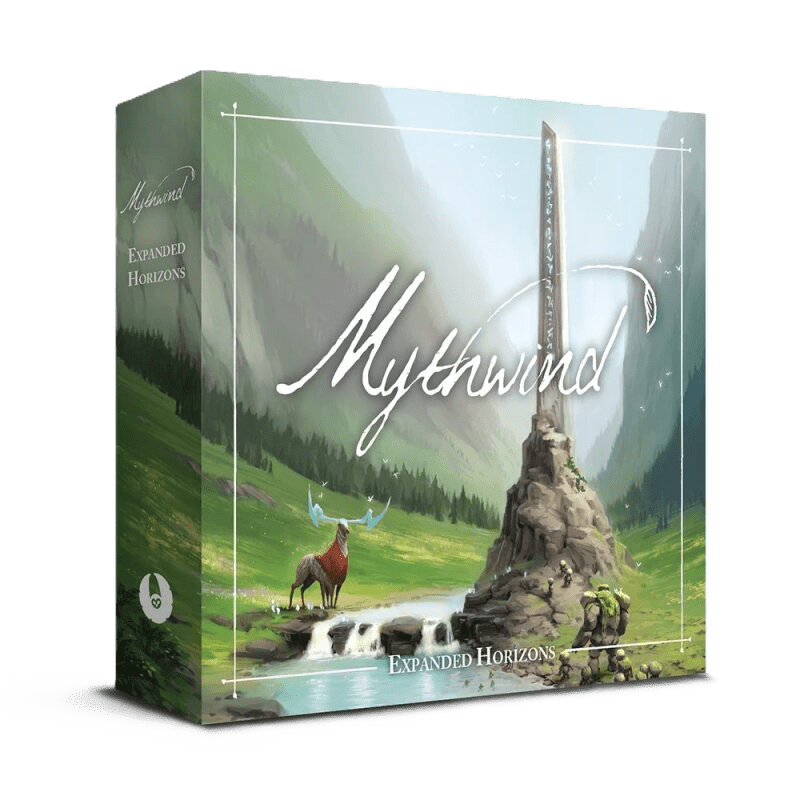 The Mythwind Expanded Horizons Expansion by Open Owl Studios features a fantasy landscape with a stag, hills, and stone pillar on the box, plus an upgrade to support a 5th player in this exciting expansion.