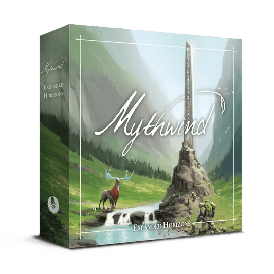 The Mythwind Expanded Horizons Expansion by Open Owl Studios features a fantasy landscape with a stag, hills, and stone pillar on the box, plus an upgrade to support a 5th player in this exciting expansion.
