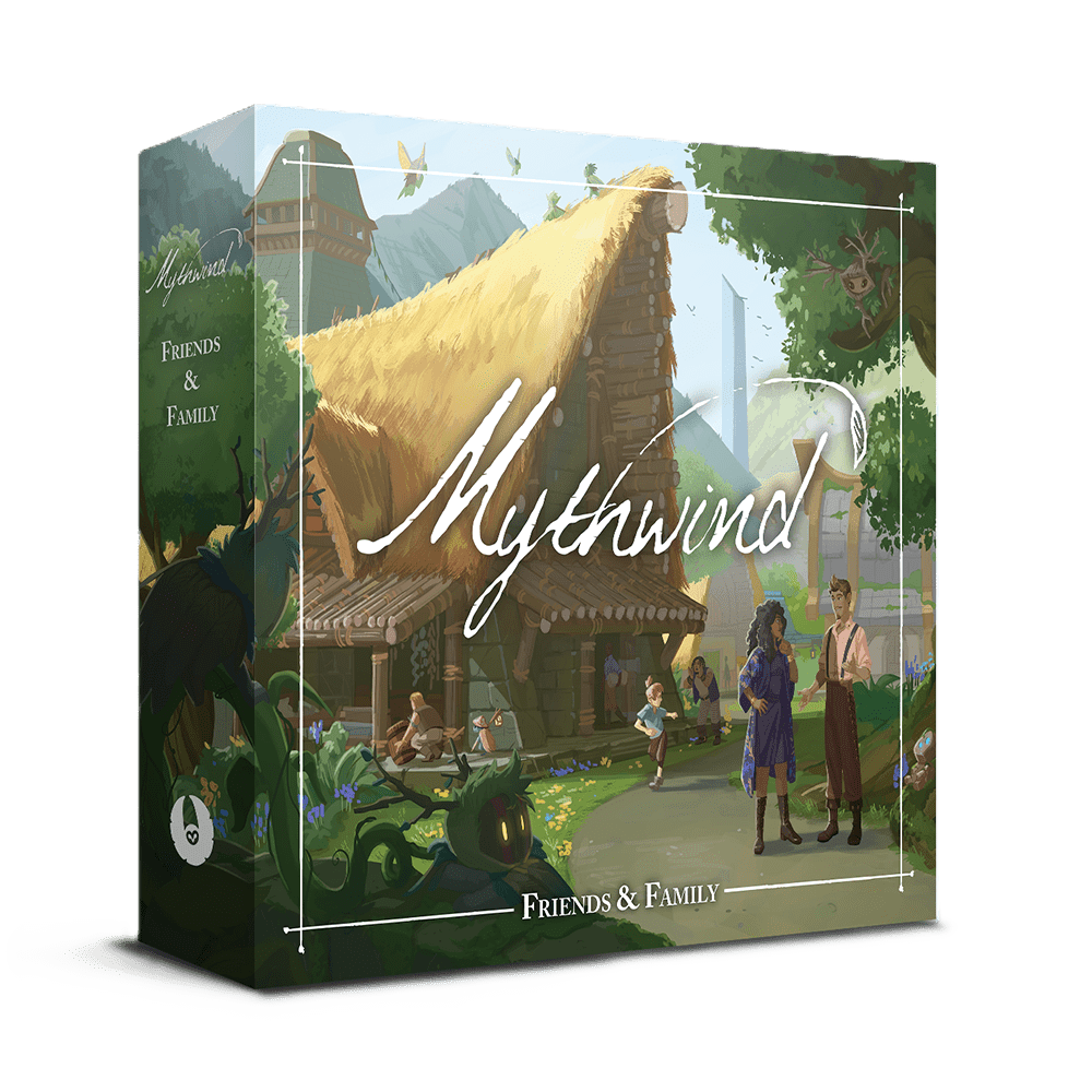 Box cover of the Mythwind Bundle by Open Owl Studios, showing a thatched-roof house, villagers, lush greenery, and whimsical "Friends & Family" text in a cozy fantasy setting.
