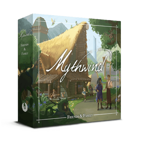 Box cover of Mythwind Friends & Family Expansion by Open Owl Studios showcasing an illustrated village scene with a thatched-roof house, lively characters, playful children, and greenery under a sunny sky.