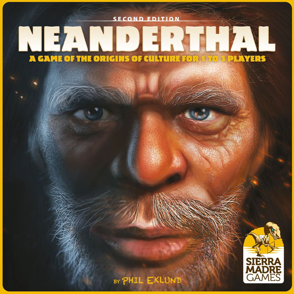 Close-up illustration of a Neanderthal with intense eyes and detailed skin. Text: Neanderthal Second Edition—an Ice Age human evolution strategy game for 1–3 players by Phil Eklund. Ion Game Design logo.
