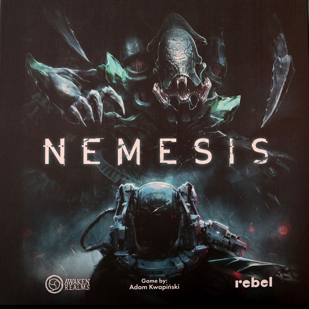 A menacing alien looms over a spacesuited figure in this sci-fi horror scene. “NEMESIS 2.0” dominates the center, with the Awaken Realms logo displayed at the bottom.