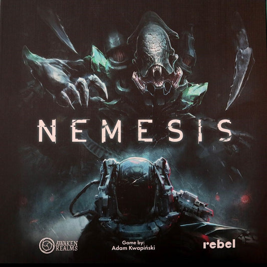 A menacing alien looms over a spacesuited figure in this sci-fi horror scene. “NEMESIS 2.0” dominates the center, with the Awaken Realms logo displayed at the bottom.