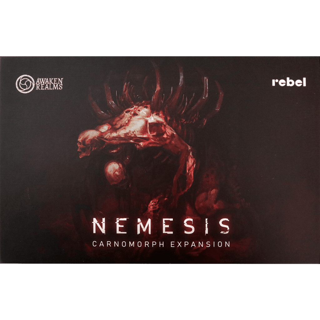 Nemesis: Carnomorphs Expansion box cover shows a grotesque, red alien mutated by the XNA virus amid skulls and bones on a dark background. Awaken Realms logo appears at the top corner.