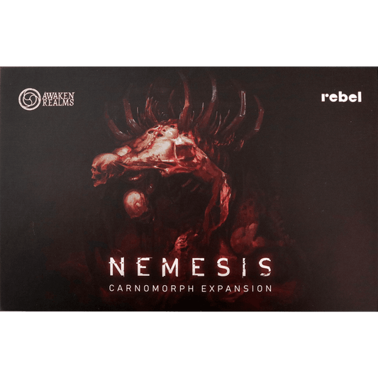 Nemesis: Carnomorphs Expansion box cover shows a grotesque, red alien mutated by the XNA virus amid skulls and bones on a dark background. Awaken Realms logo appears at the top corner.