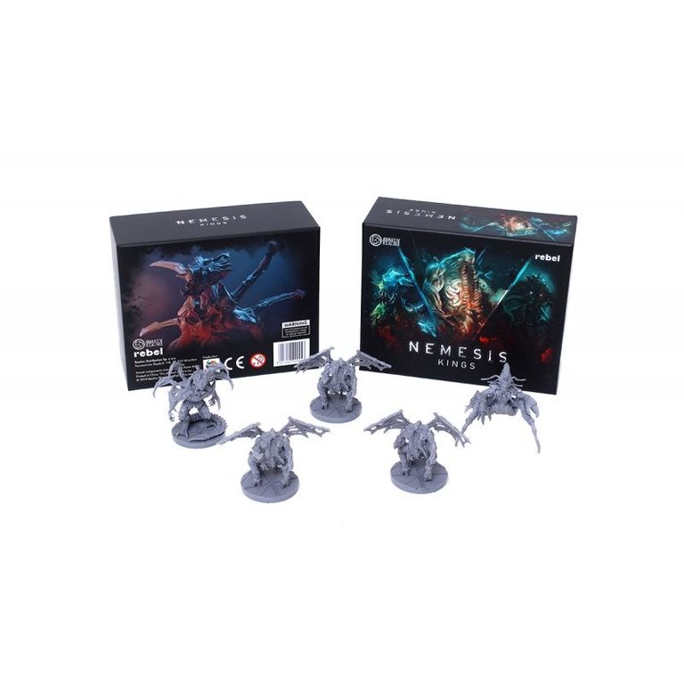 Five grey plastic dragon-style miniatures are displayed in front of two Nemesis: Kings Expansion boxes by Awaken Realms, which showcase vibrant monstrous artwork on the covers.
