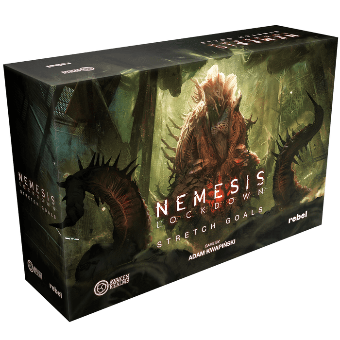 Nemesis Lockdown: Stretch Goals by Awaken Realms is a boxed board game featuring a monstrous Chytrid alien in a dark green environment. Kickstarter Stretch Goals and designer Adam Kwapiński are credited on the front.