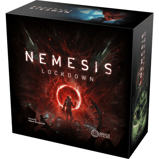 The image displays the box for Nemesis Lockdown by Awaken Realms, featuring dark sci-fi art of a figure in ominous red light on Mars, with the game title and brand name on the front.
