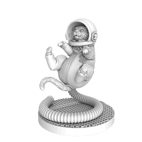 The Nemesis: Spacecats Expansion by Awaken Realms features a detailed, monochromatic sculpt of a cat in an astronaut suit, floating with paws up—a unique collectible for cat lovers and fans of distinctive plastic models.
