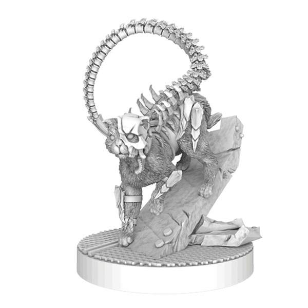 The Nemesis: Spacecats Expansion by Awaken Realms features an intricately sculpted, unpainted 3D feline with large curved spines and skeletal armor on a rocky base—perfect for collectors and cat fans.