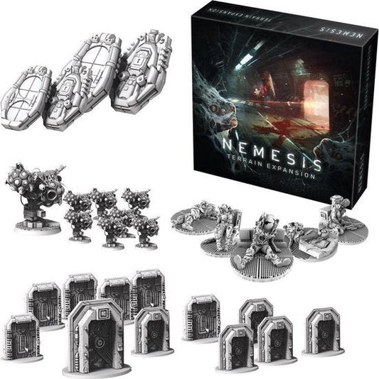Nemesis: Terrain Expansion by Awaken Realms includes detailed gray sci-fi doors, pods, turrets, and accessories displayed with the atmospheric game box featuring dark cover art.