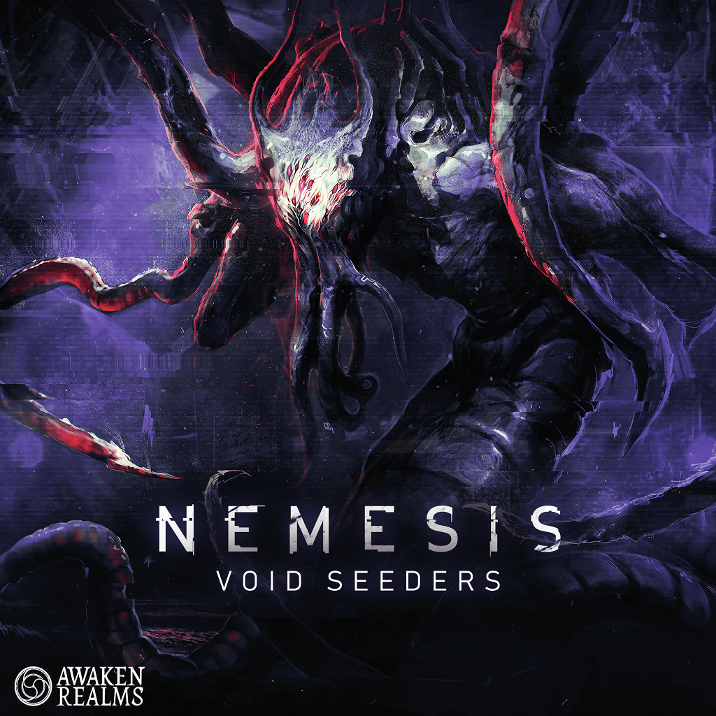A monstrous, tentacled alien with a skull-like head from the Intruder race emerges from darkness, surrounded by purple and black hues. The text reads "Nemesis: Void Seeders Expansion." Awaken Realms logo is in the lower left corner.
