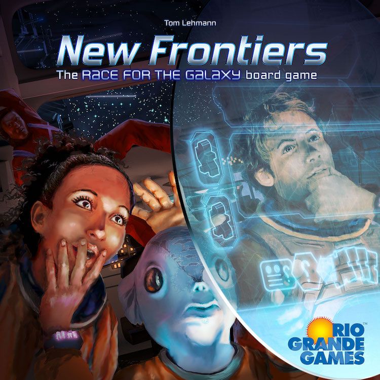 The cover of New Frontiers by Rio Grande Games features a surprised woman and thoughtful man in spacesuits, with futuristic holograms and spaceships, as players compete to build galactic empires. The Rio Grande Games logo appears at bottom right.