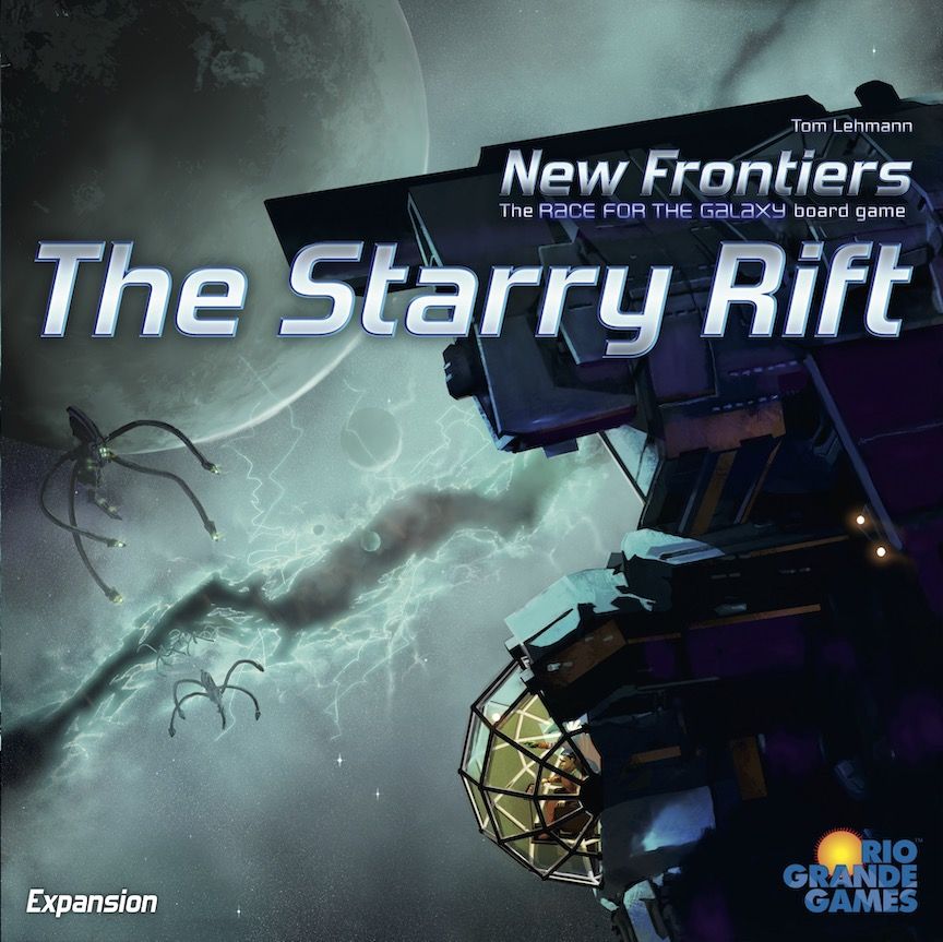 A space station floats before a giant planet and stars, with alien creatures lurking. Text: New Frontiers: The Starry Rift Expansion by Rio Grande Games, featuring solo campaigns for New Frontiers.