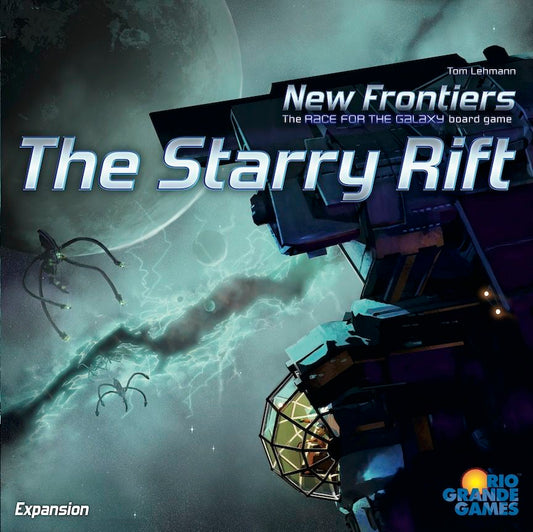 A space station floats before a giant planet and stars, with alien creatures lurking. Text: New Frontiers: The Starry Rift Expansion by Rio Grande Games, featuring solo campaigns for New Frontiers.