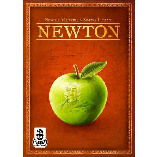 A green apple engraved with Isaac Newton’s portrait is centered on a red-orange background with math diagrams, evoking intrigue for the Newton board game. “NEWTON” appears above, with Cranio Creations’ logo and authors’ names in the corners.