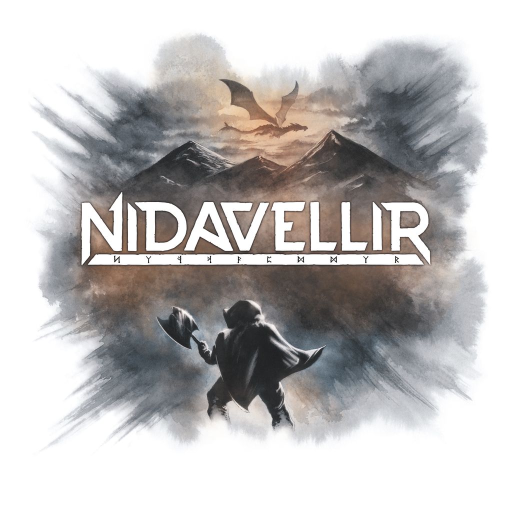 A cloaked figure with an axe faces mountain peaks beneath a dramatic sky, a dragon soaring above. "Nidavellir" by GRRRE Games stands out in bold stylized letters with runic script, hinting at its distinct coin-building system.