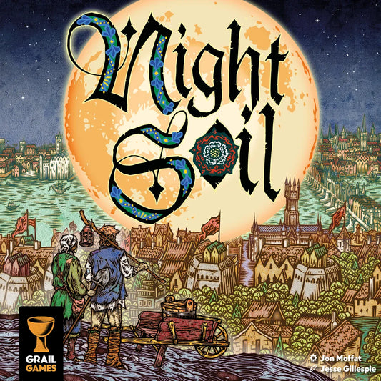 Two people in old-fashioned clothes stand with a wheelbarrow atop a hill, overlooking Tudor London lit by city lights and a large full moon. "Night Soil" by Grail Games is written across the sky, hinting at a unique sanitation-themed game.