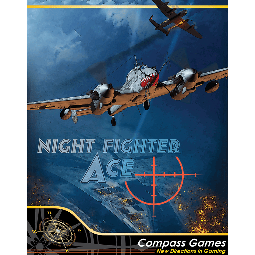 The cover art for Nightfighter Ace: Air Defense Over Germany, 1943-44 shows a German nightfighter in flight at night, with a bomber overhead, explosions below, title and red crosshair prominent. The Compass Games logo appears at the bottom.