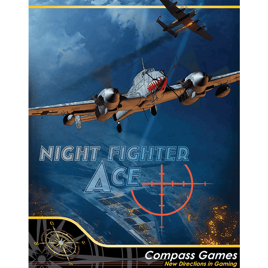 The cover art for Nightfighter Ace: Air Defense Over Germany, 1943-44 shows a German nightfighter in flight at night, with a bomber overhead, explosions below, title and red crosshair prominent. The Compass Games logo appears at the bottom.