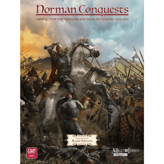 A dramatic medieval battle unfolds as a knight on a white horse leads the Norman invasion under stormy skies, surrounded by armored soldiers. The title reads "Norman Conquests: Men of Iron Volume V" by GMT Games.