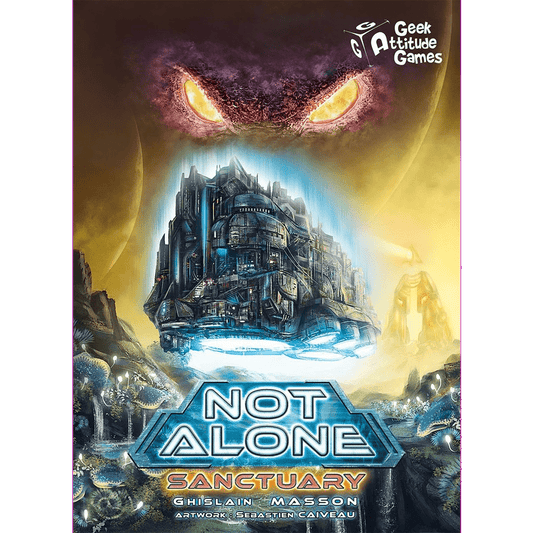 A glowing-eyed alien looms over a futuristic city on the Not Alone: Sanctuary Expansion box cover. The title is displayed prominently, with Stronghold Games’ logo in the top right corner.