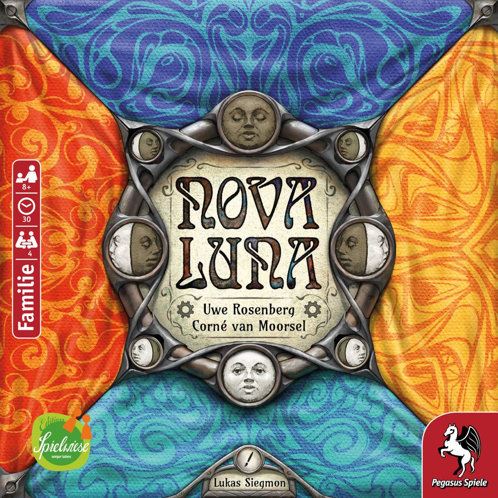 The cover of Nova Luna EN/DE by Pegasus Spiele displays expressive moon faces framed by swirling blue and orange patterns, with a central title, creators' names, a prominent moon wheel design, and various award icons in the corners.