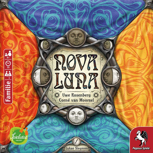 The cover of Nova Luna EN/DE by Pegasus Spiele displays expressive moon faces framed by swirling blue and orange patterns, with a central title, creators' names, a prominent moon wheel design, and various award icons in the corners.