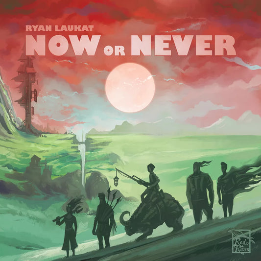 Five adventurers and a beast face a large sun, with strange monsters in a fantastical landscape featuring a waterfall and The Monument. “Now or Never” by Red Raven Games appears at the top.