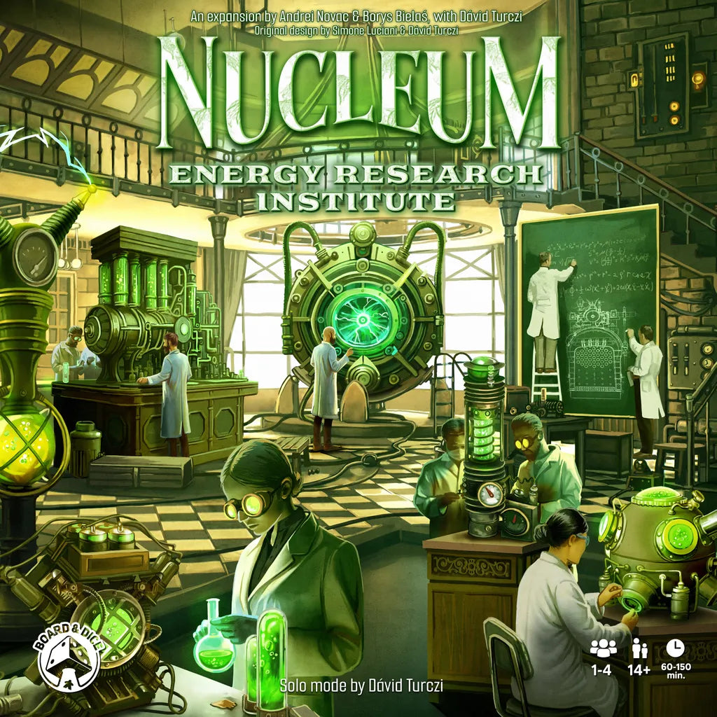 Scientists in vintage dress work with luminous green machines in a lively, steampunk lab. The title "Nucleum: Energy Research Institute Expansion" by Board & Dice stands out above the scene, evoking the spirit of the Uranium Revolution.